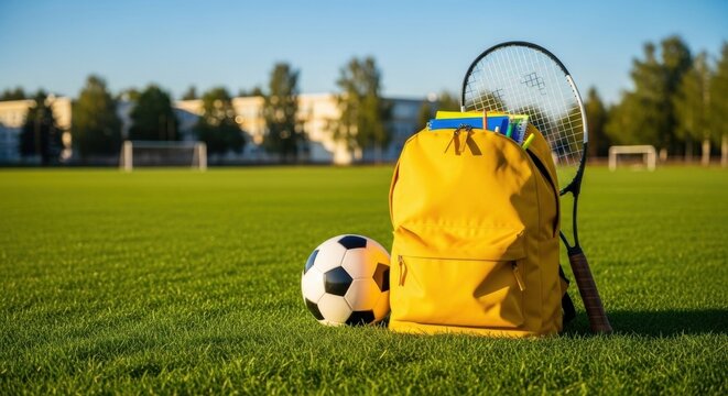 Sunny School Day Essentials: Yellow Backpack, Soccer Ball, Tennis Racket on Lush Green Field