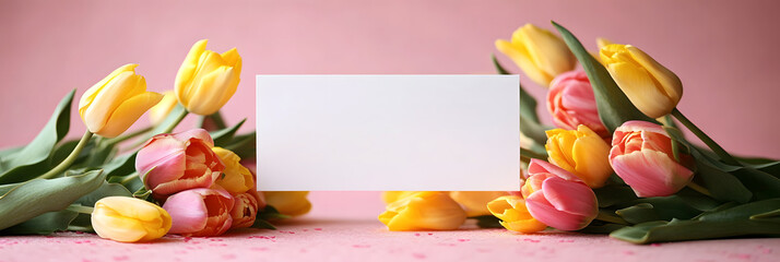 Bright spring flowers create a cheerful setting for a blank card display on a colorful background