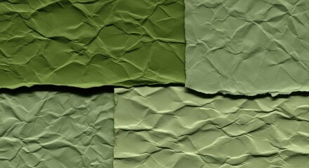 Textured Green Crumpled Paper Collage: Contrasting Hues, Torn Edges, and Dynamic Shadows