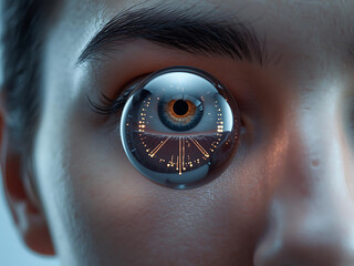 Futuristic eye cybernetic lens augmented reality technology orb device gently hovering