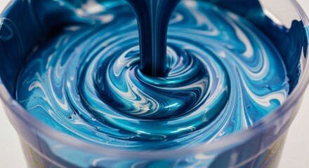 Mixing blue paint colors for artistic paint pouring technique