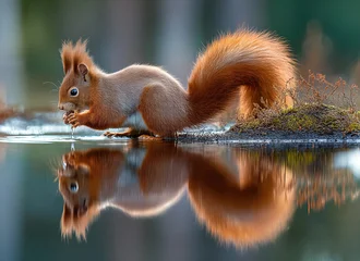 Tableau sur aluminium  a red squirrel drinking water from the lake, its reflection in the water, holding an acorn in its paws.  © Monique