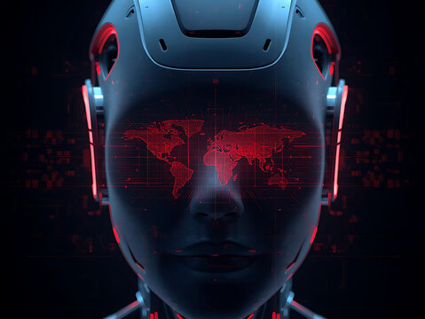 Futuristic robot cybernetic ai red hud world map surveillance technology security