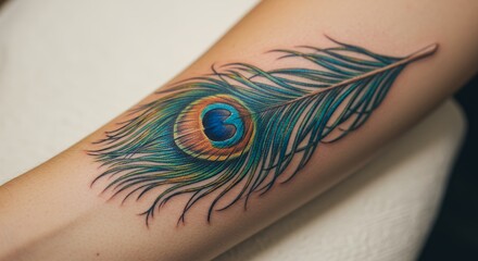 Peacock feather tattoo on skin in colorful design artistic body art creative decorative illustration