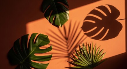 Tropical Monstera and Palm Leaves Casting Dramatic Shadows on Warm Orange Wall