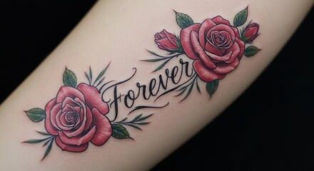 Rose tattoo design with forever script decorative floral art on skin beauty concept