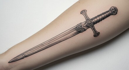 Realistic tattoo design of a detailed medieval sword on arm vector illustration