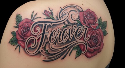 Tattoo design featuring floral elements and stylized lettering on skin