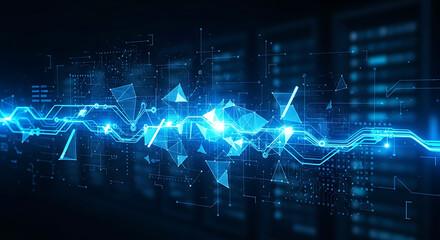 A blue digital network with glowing lines triangles and circuit board elements in a dark background