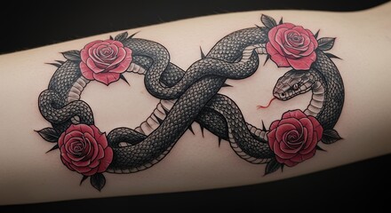 Tattoo of intertwined snakes and roses on arm symbolizing eternity