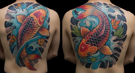 Two koi fish tattoo designs on human backs with vibrant colors and detailed artwork
