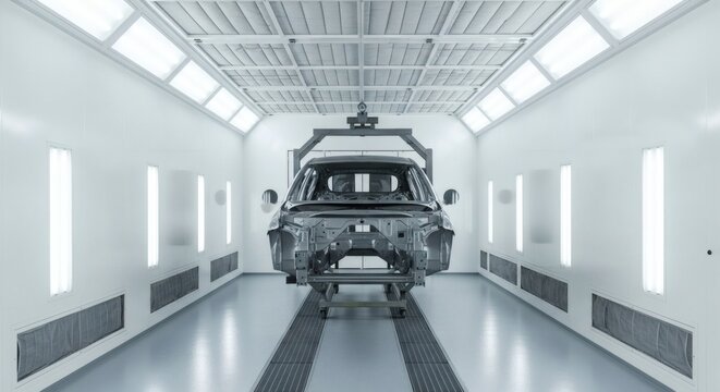 Car body shell in paint booth automotive manufacturing process