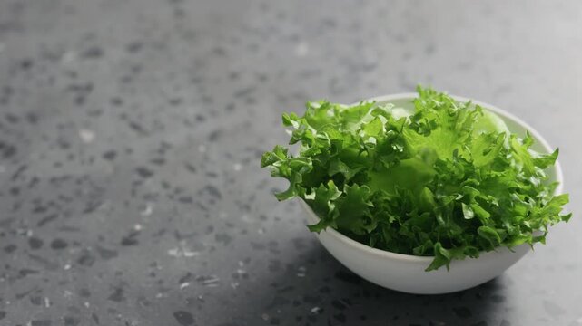 Handheld slow motion of frisee leaves in white bowl on terrazzo surface