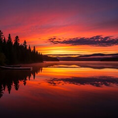 Fiery Sunset Reflections on a Tranquil Lake in the Wilderness.