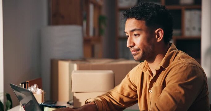 Backlog, laptop and stress with man in logistics office for delivery, distribution or shipping delay. Computer, problem solving and typing with employee in workplace for supply chain fail or mistake