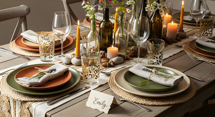 Beautifully set rustic dining table with warm candlelight wildflowers and natural autumn decor for a special meal