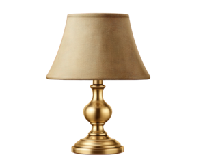 Vintage table lamp with classic brass base and beige fabric shade. This retro lighting element provides warm, cozy, and elegant illumination for home interior design
