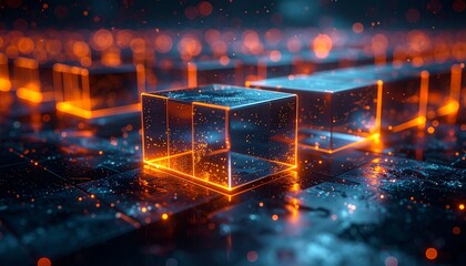 Glowing orange cubes on dark grid, cybernetic landscape, futuristic data environment.