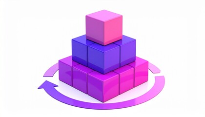 Layered cube pyramid with circular arrow, modular hierarchy, iterative system design.