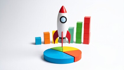 3D pie chart with rising bars and rocket launch, data-driven success, startup momentum.