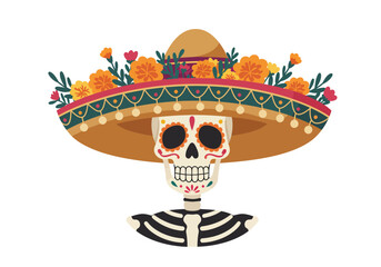 Obraz premium Sugar skull face illustration with ornaments around the eyes, wearing a sombrero hat decorated with flower garlands