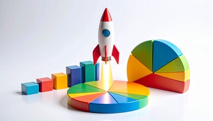 3D pie chart with rising bars and rocket launch, data-driven success, startup momentum.