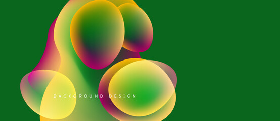 Abstract colorful shapes overlap green backdrop. Vibrant gradients create dynamic visual effect. Modern design element for backgrounds.
