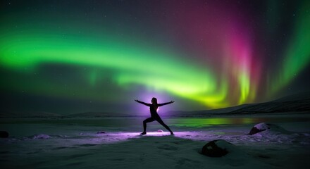 Yoga Silhouette Under Aurora Borealis: Serene Warrior Pose in Winter Landscape