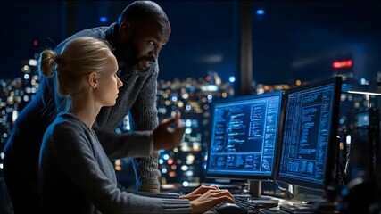 Diverse IT experts collaborating on complex data analysis, cybersecurity, and software development in a modern control room at night. - Powered by Adobe