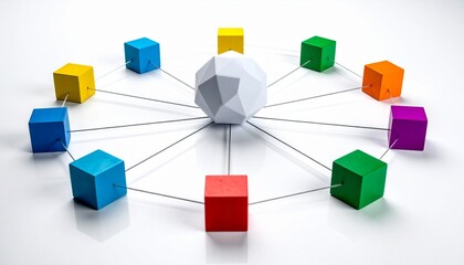 Geometric sphere with colorful cubes, network structure, symbolic connectivity.
