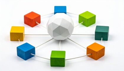 Geometric sphere with colorful cubes, network structure, symbolic connectivity.