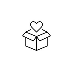 Open box and heart. Delivery with care. Shipment packed with love. Loyalty gifts. Pixel perfect, editable stroke vector icon