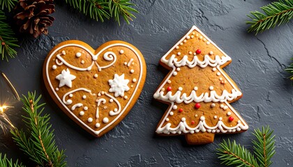 Festive gingerbread cookies, heart and tree shape, adorned with icing