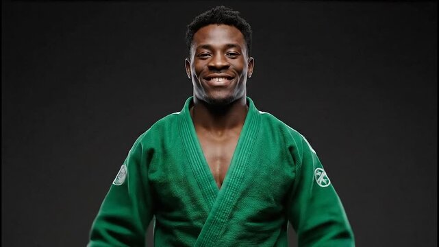 Confident African American Man in Green Kimono Flexing Muscles.