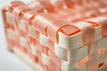 Close-up of a Woven Basket with Peach and Light-Colored Strips