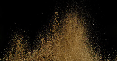 Detailed wave of airborne clay dust swirling in chaotic motion, captured in freeze  motion....