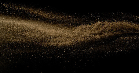 Fine beige cosmetic powder cloud suspended in air, isolated on black background. Elegant abstract motion concept captured in studio light. Makeup explosion and beauty design.
