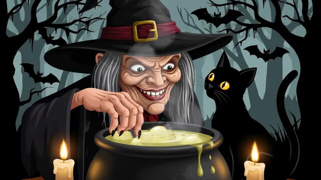 A witch stirring a potion in a cauldron with her cat by her side. Cartoon illustration for Halloween. Spooky night, magic, holiday celebration.