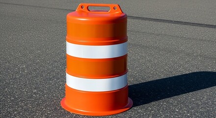 Orange Traffic Barrel with White Stripes on Asphalt Road.