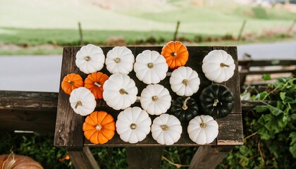 Overhead shot of assorted pumpkins arranged on a wooden surface