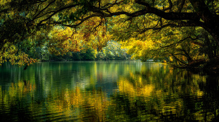 A tranquil lake reflecting trees with yellow and green foliage under an overcast sky