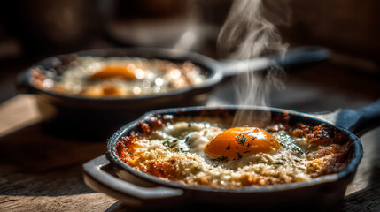 Close up of two cast iron pans with baked eggs and cheese on a wooden surface steaming hot