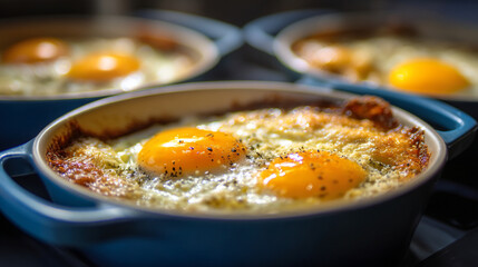 Close up of three blue ramekins filled with baked eggs and seasoning on a dark surface