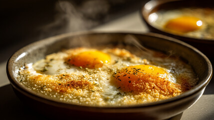 Close up shot of two bowls filled with sunny side up eggs and sprinkled herbs on the table