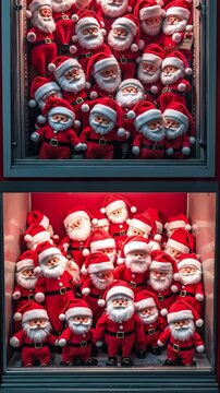 A group of santa claus standing in front of a vending machine