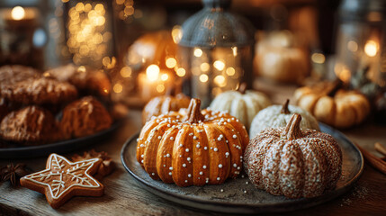Festive autumn arrangement with pumpkins, cookies, and warm bokeh lights creating cozy scene