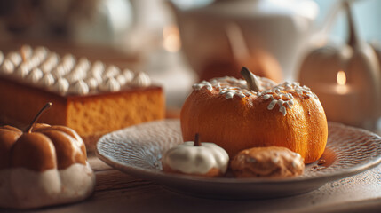 Close up of pumpkin shaped desserts with white icing and a cake with white icing dots