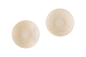 Two small ceramic sauce bowls on a white background. Minimalistic kitchen composition, top view, soft natural light.