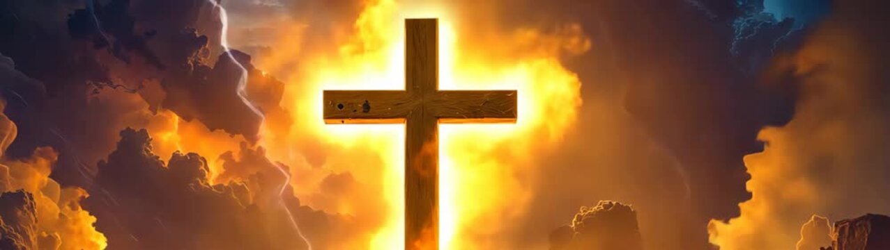Burning cross radiating light amidst stormy sky.
