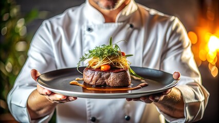 A chef presenting a gourmet steak dish, perfectly cooked and garnished, on a dark plate, showcasing culinary expertise
